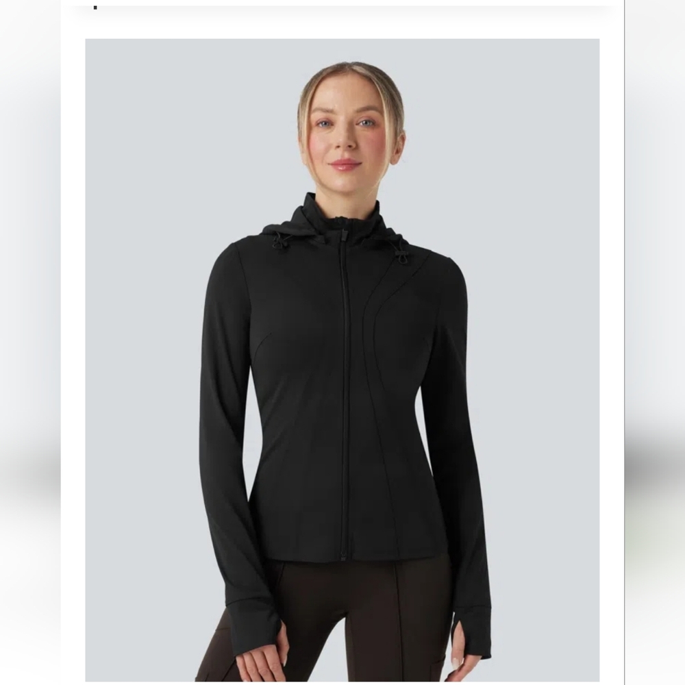 Halara NEW Removable Hood Thumb Holes Ruffle Hem Slim Hiking Jacket XS - Picture 2 of 8